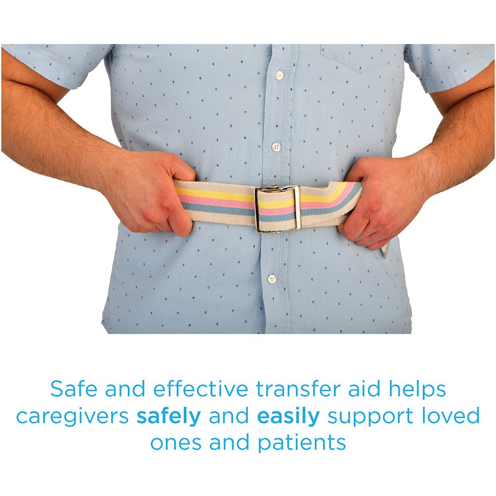 Caregiver fastening pastel transfer belt around waist