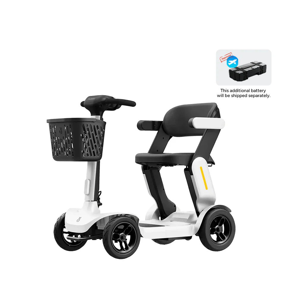Compact white electric mobility scooter with basket