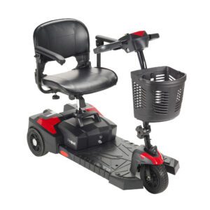 Compact black and red mobility scooter with basket