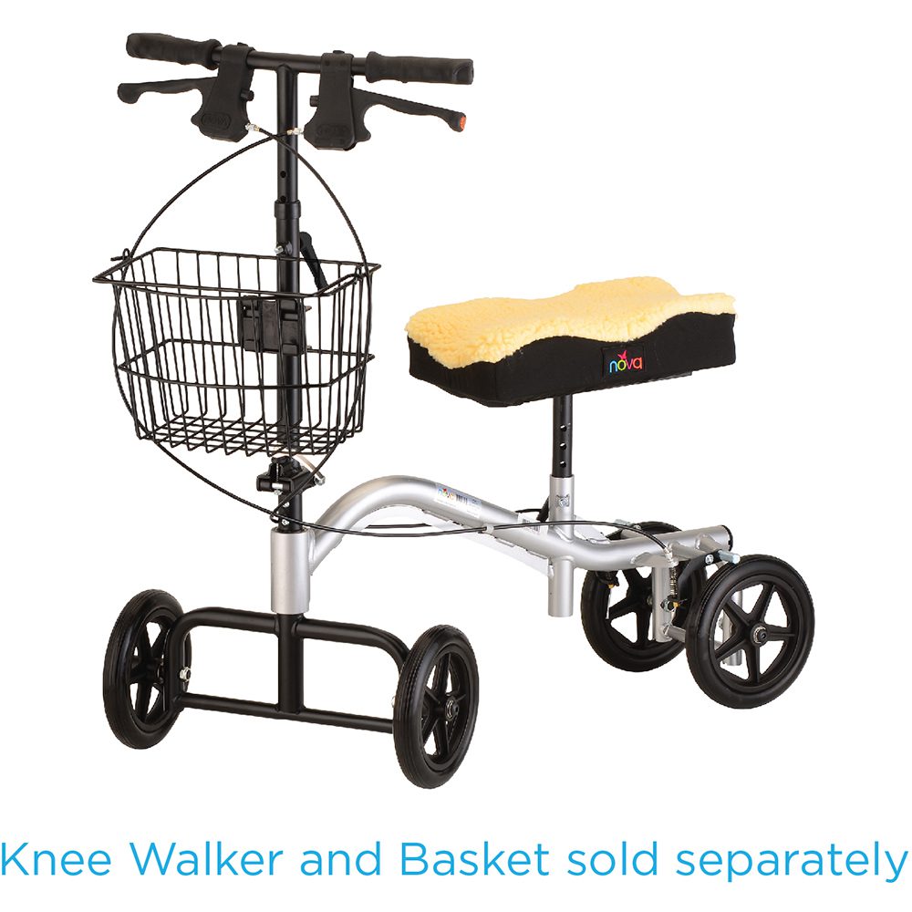 Four-wheeled knee walker with front wire basket