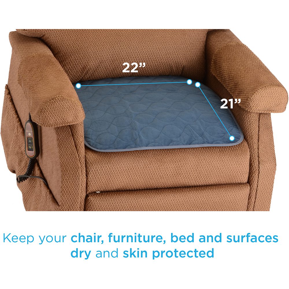 Blue quilted seat protector on brown recliner