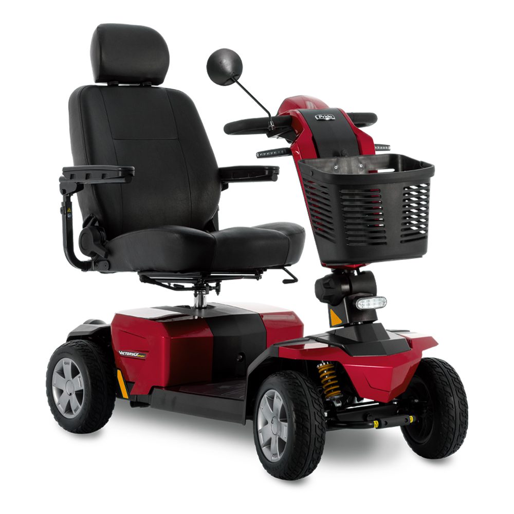Red four-wheel mobility scooter with front basket