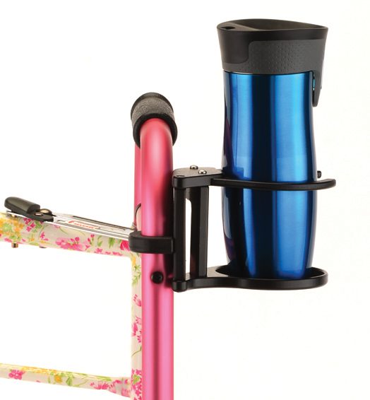 Blue travel mug in pink walker cup holder