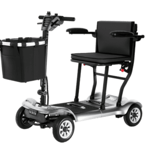 Four-wheel mobility scooter with front basket