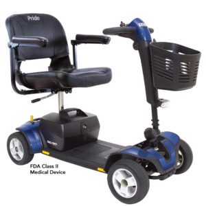 Blue four-wheel mobility scooter with basket