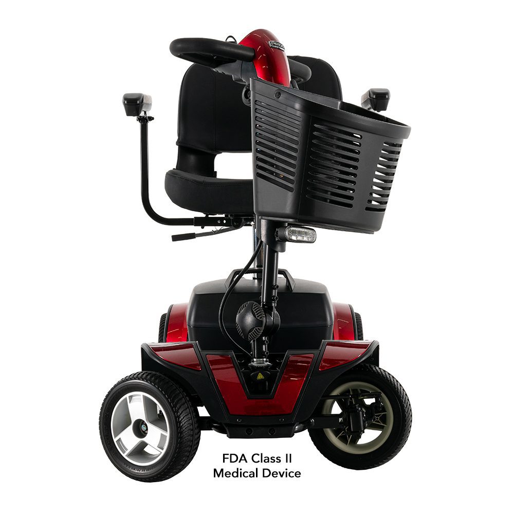 Red mobility scooter with front storage basket