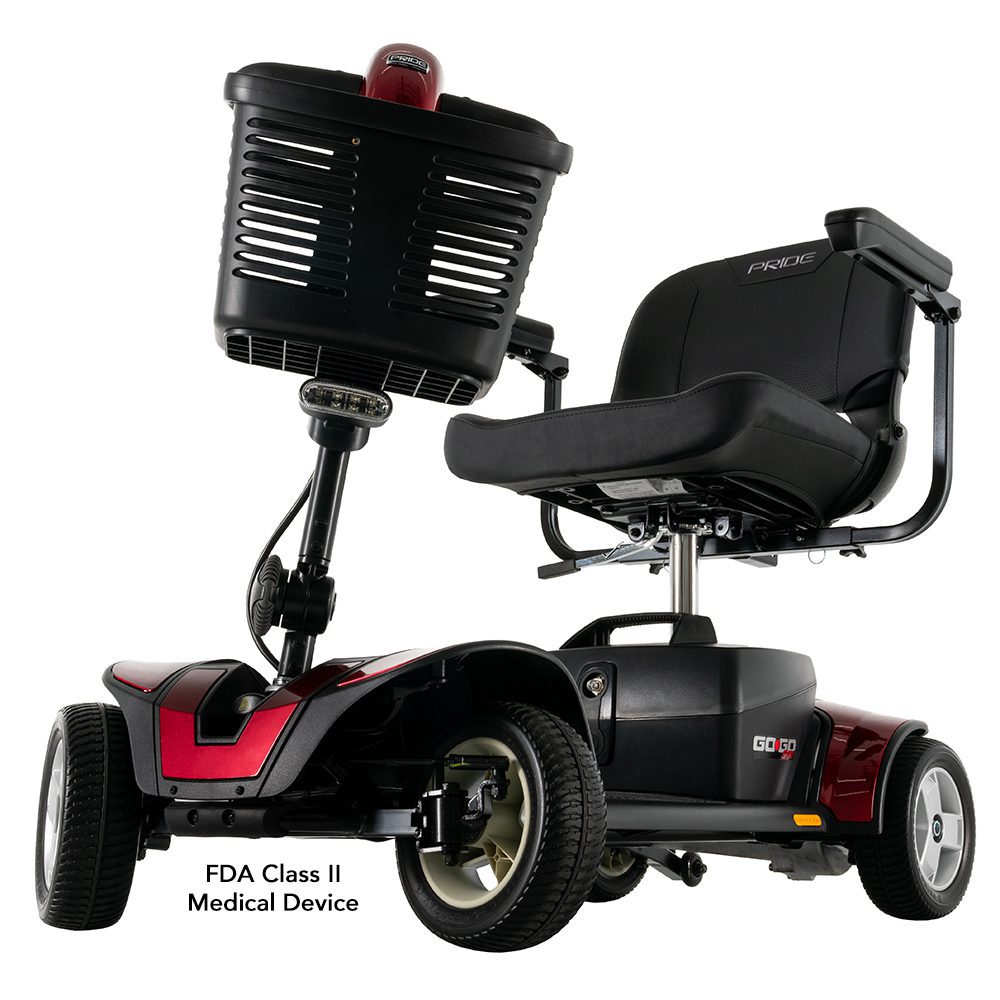 Red and black mobility scooter with basket