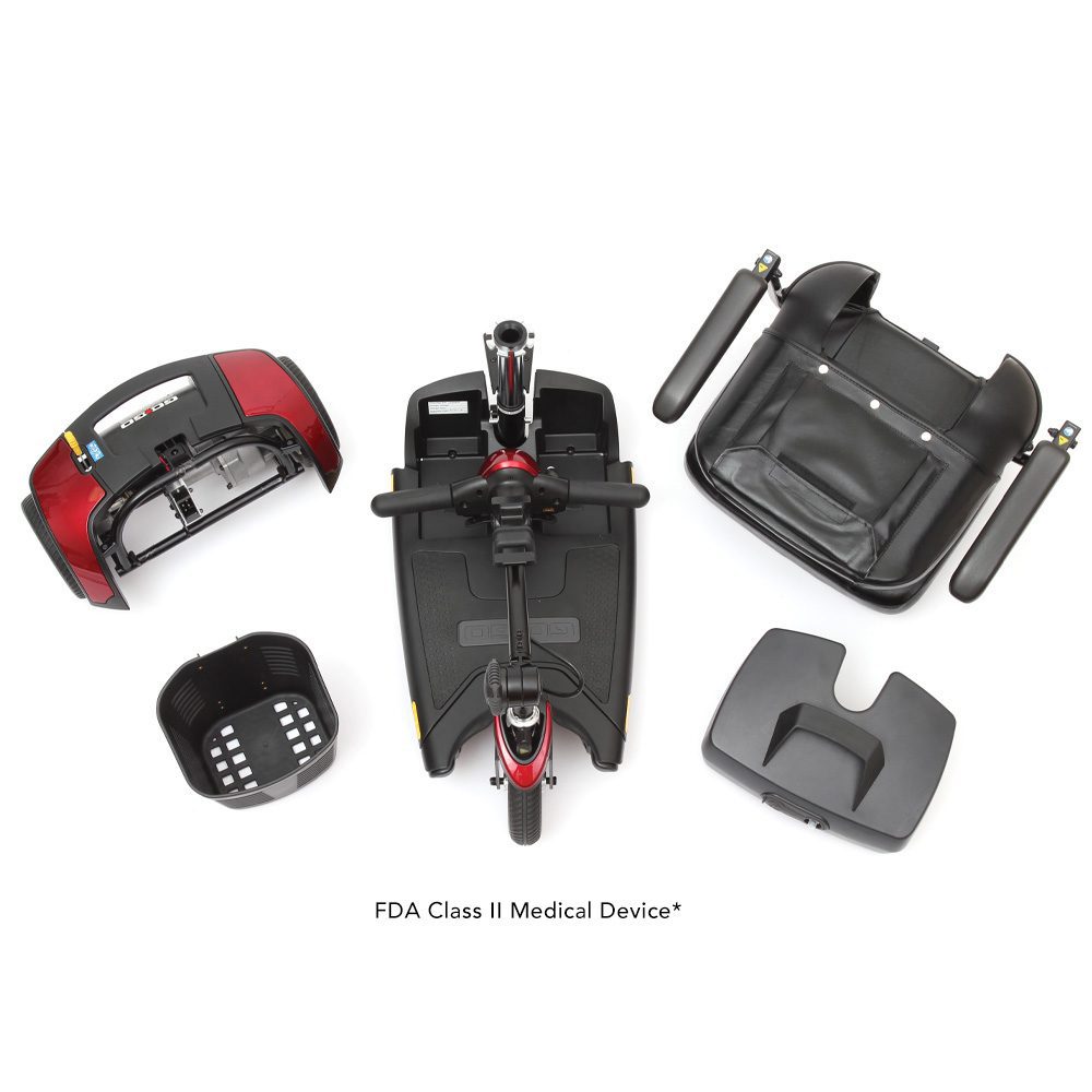 Disassembled red mobility scooter components