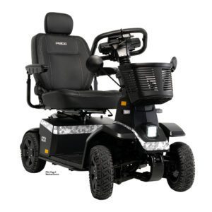 Black four-wheel mobility scooter with front basket