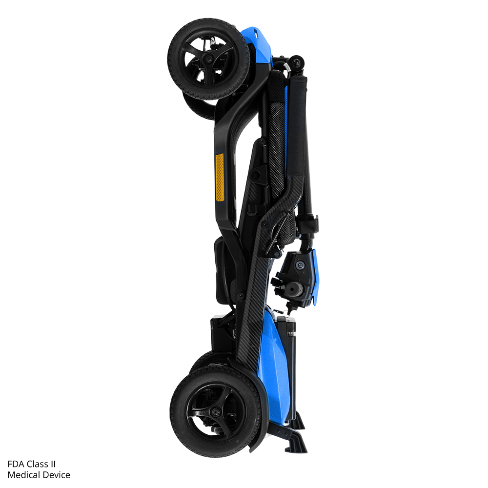 Folding blue wheelchair with compact design.
