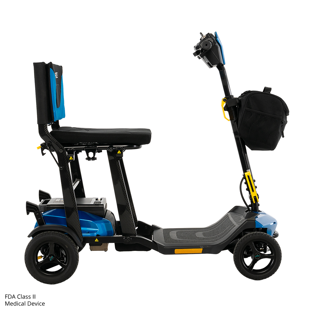 Compact blue mobility scooter with storage bag.