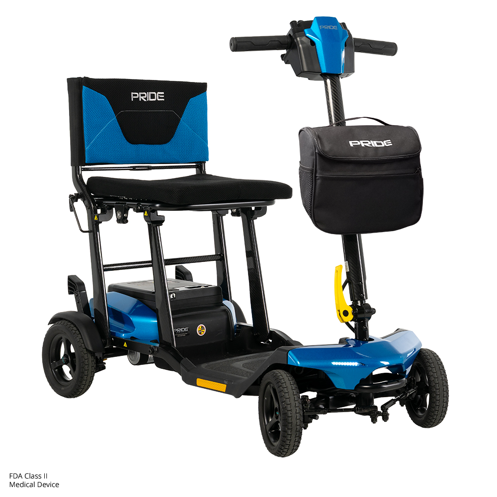 Blue mobility scooter with comfortable seating.