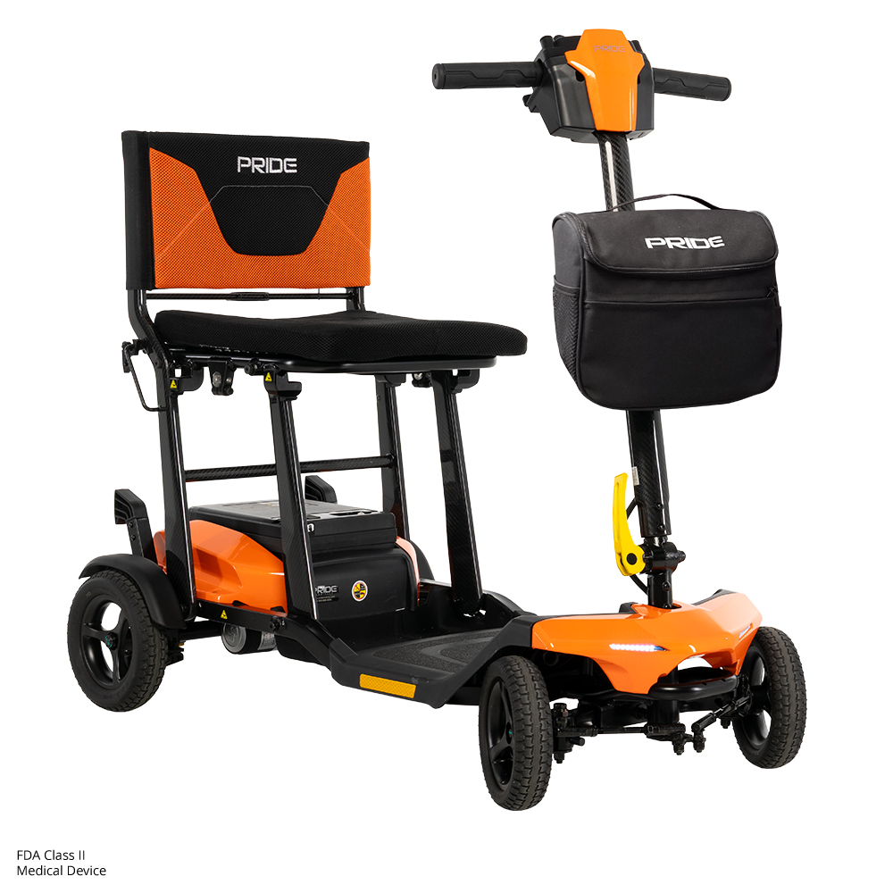 Orange mobility scooter with comfortable seating.