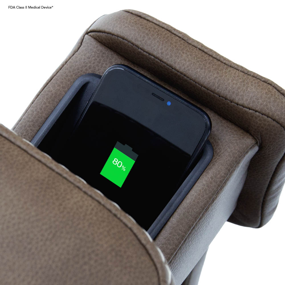 Phone showing 80% battery in leather armrest