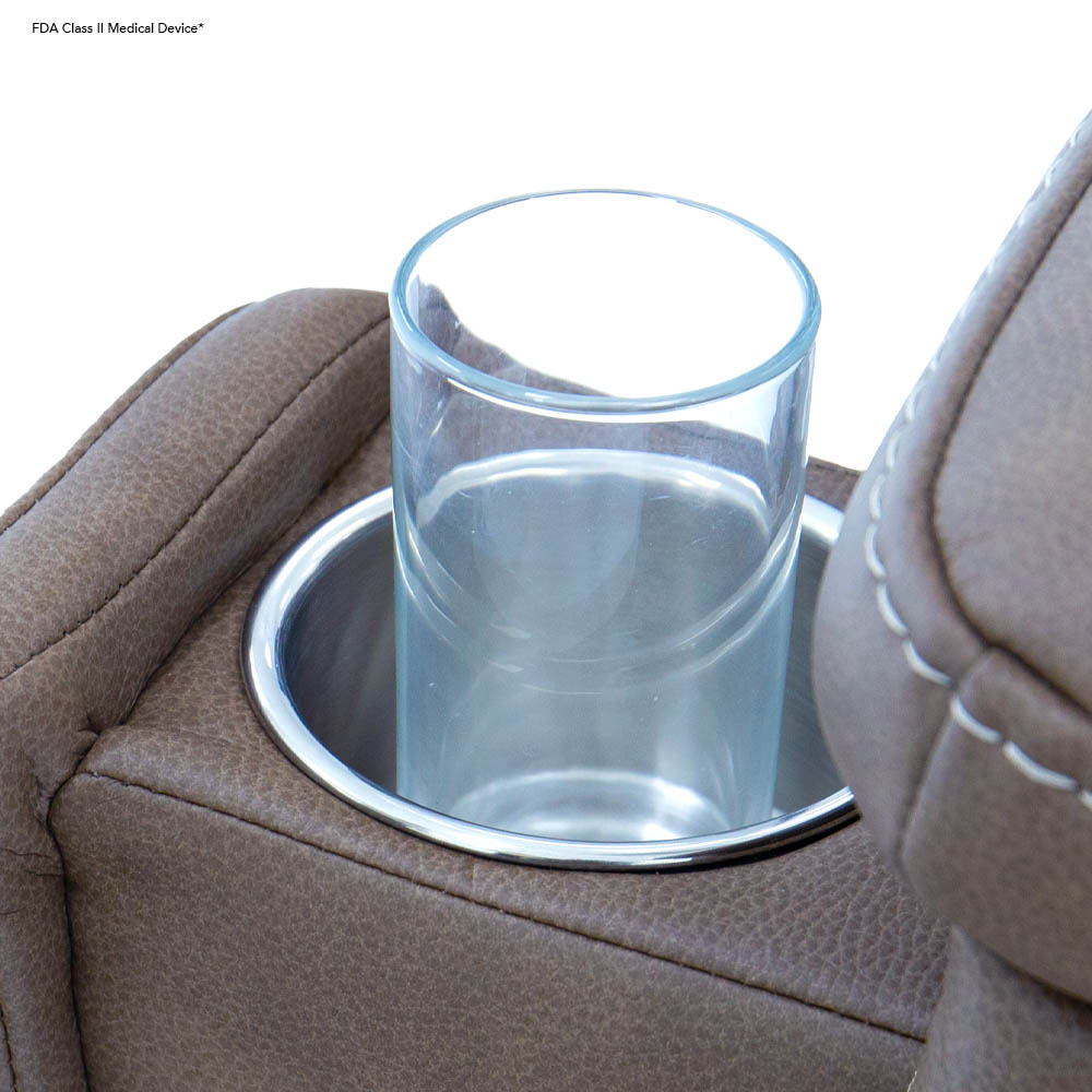 Clear drinking glass in leather cup holder