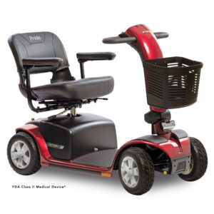 Red motorized mobility scooter with front basket
