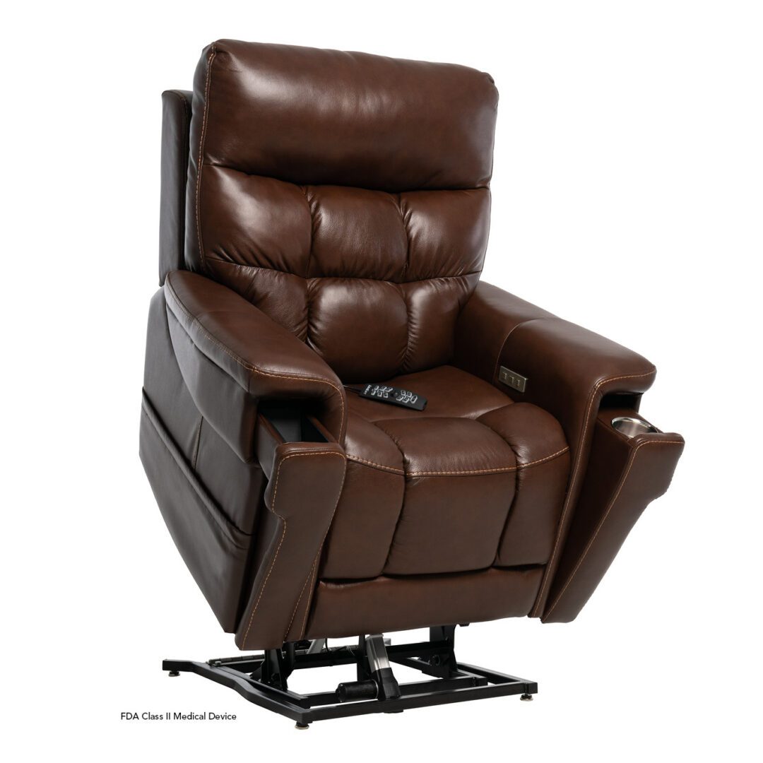 Brown leather power lift recliner with remote