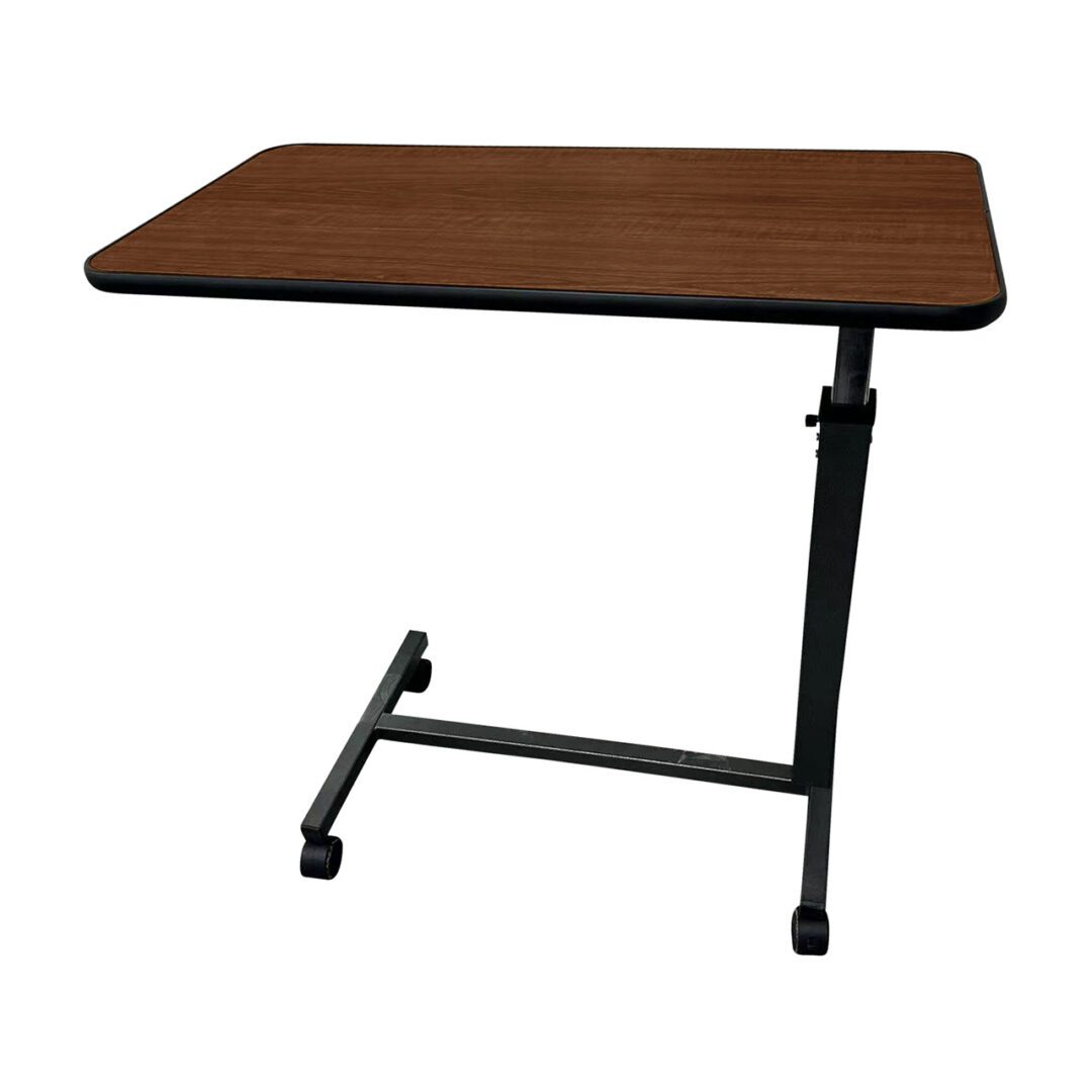 Adjustable overbed table with wooden top