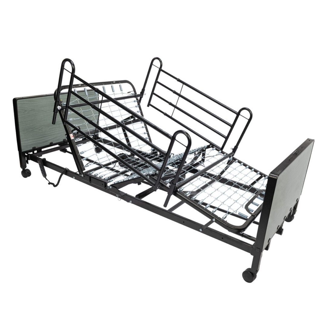 Adjustable hospital bed frame with side rails