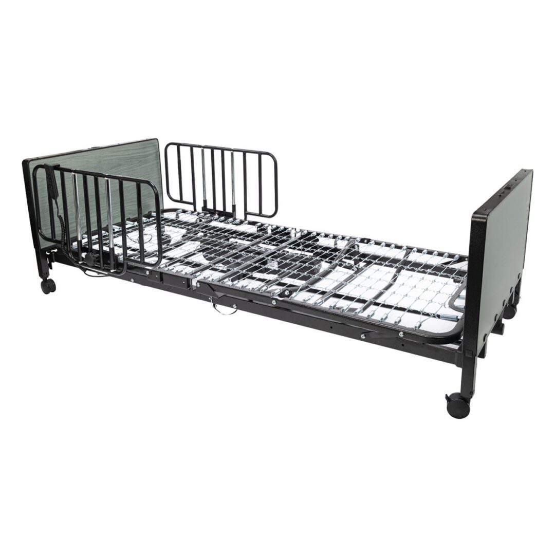 Adjustable hospital bed frame with side rails