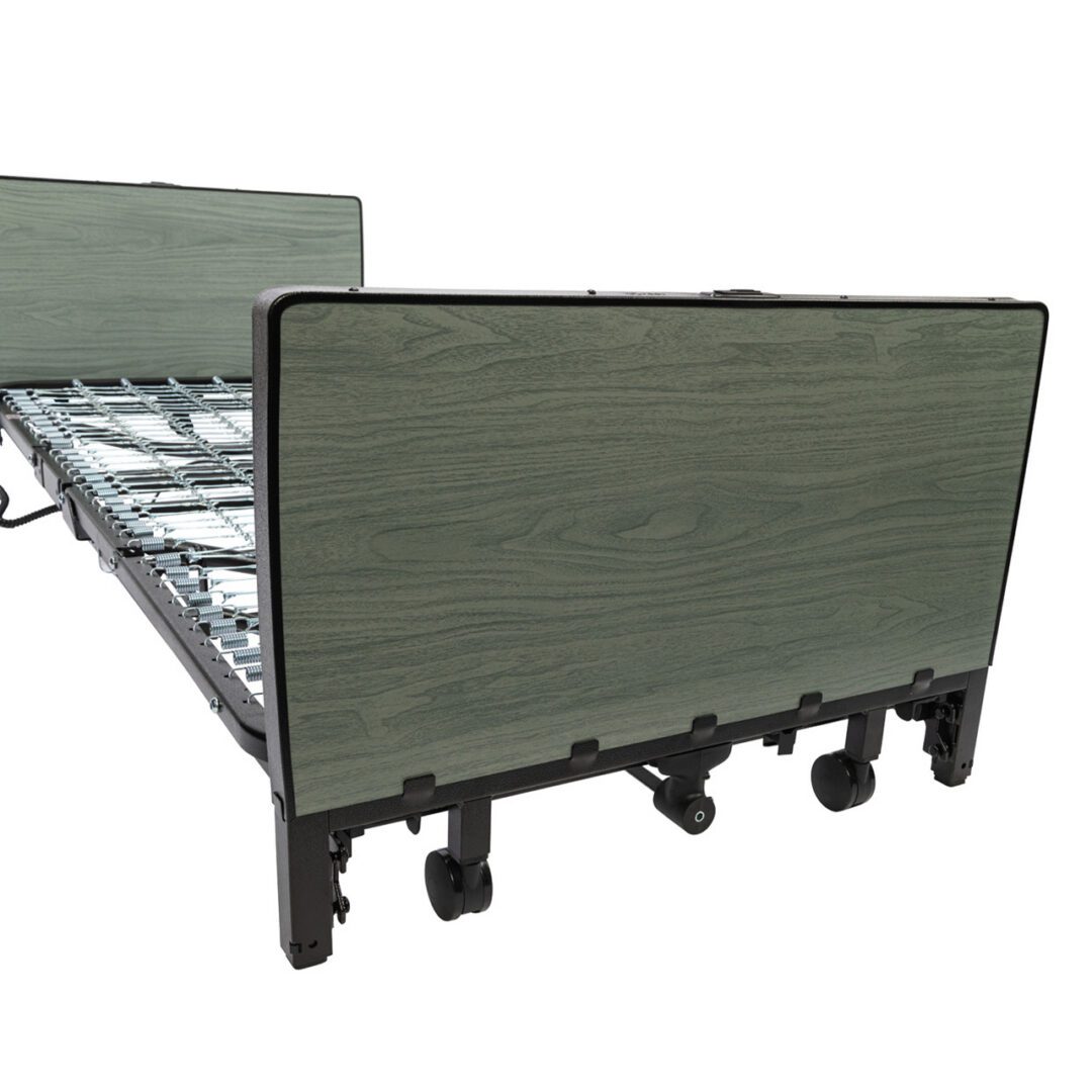 Adjustable hospital bed frame with wood-look footboard