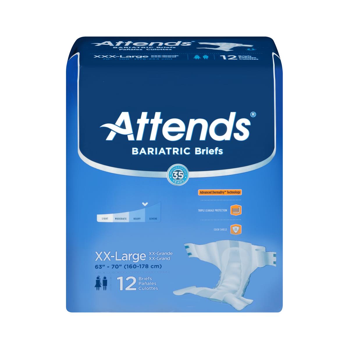 Attends DermaDry Heavy Absorbency Brief, Size 2XL, Size 2XL, 63" to 70" Waist, 12/Pack