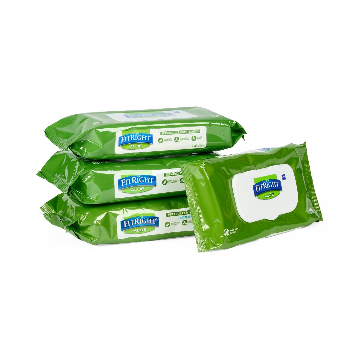 FitRight Aloe Scented Wet Wipes, 8" x 10", Peel and Reseal Pack, 68/Pack
